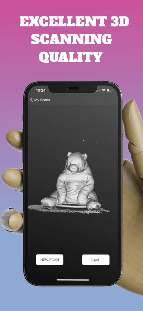 Una scansione 3D di alta qualità di un orsacchiotto su uno schermo di iPhone