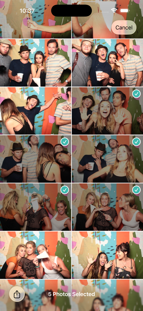 A mobile app screen showing a grid of event photos with several images selected for sharing or downloading.