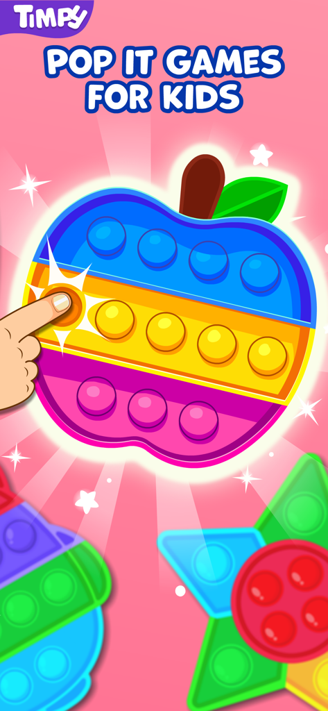Pop It Games For 2 Year Olds - El dedo de un niño haciendo estallar un juguete antiestrés colorido con forma de manzana en la aplicación Timpy.
