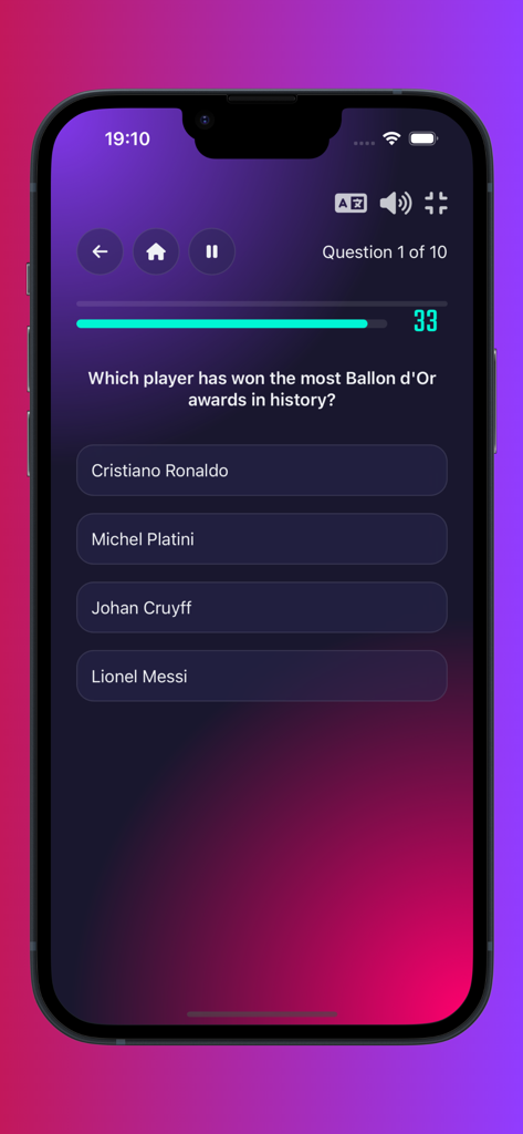 Football quiz games - Mobile app screen showing a soccer trivia question about Ballon d'Or winners