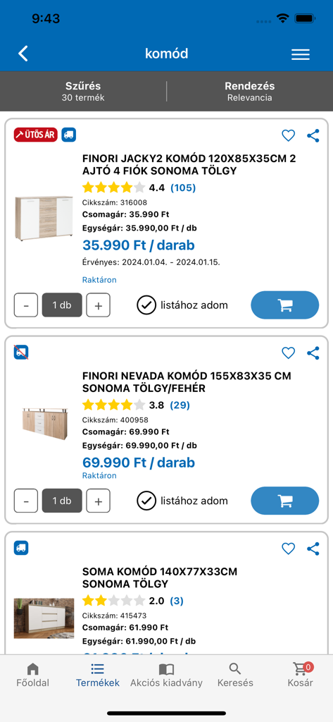 Praktiker Magyarország - Product listing page in the Praktiker Magyarorszag app showing furniture search results for commodes