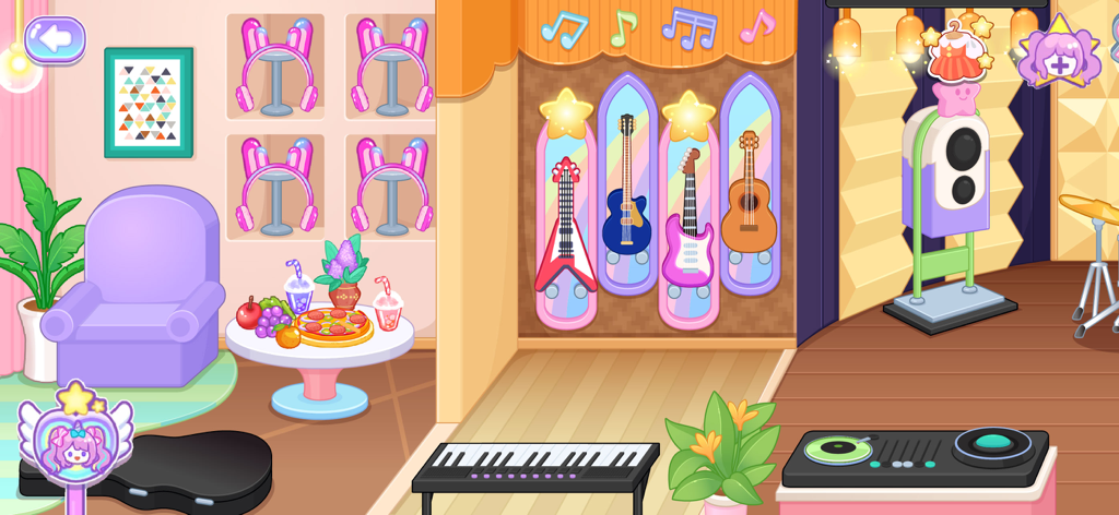 Slimaid Princess: Idol Life - A colorful music practice room with instruments and snacks in Slimaid Princess Idol Life