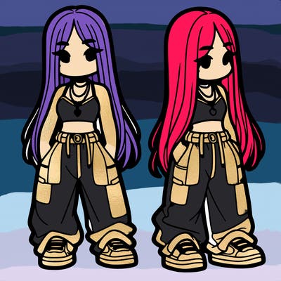 girl in baggy pants crop top and long hair