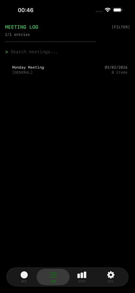 Meeting Mind: AI Voice Notes - Meeting Mind app interface displaying the meeting log screen with a list of recorded meetings and a search bar