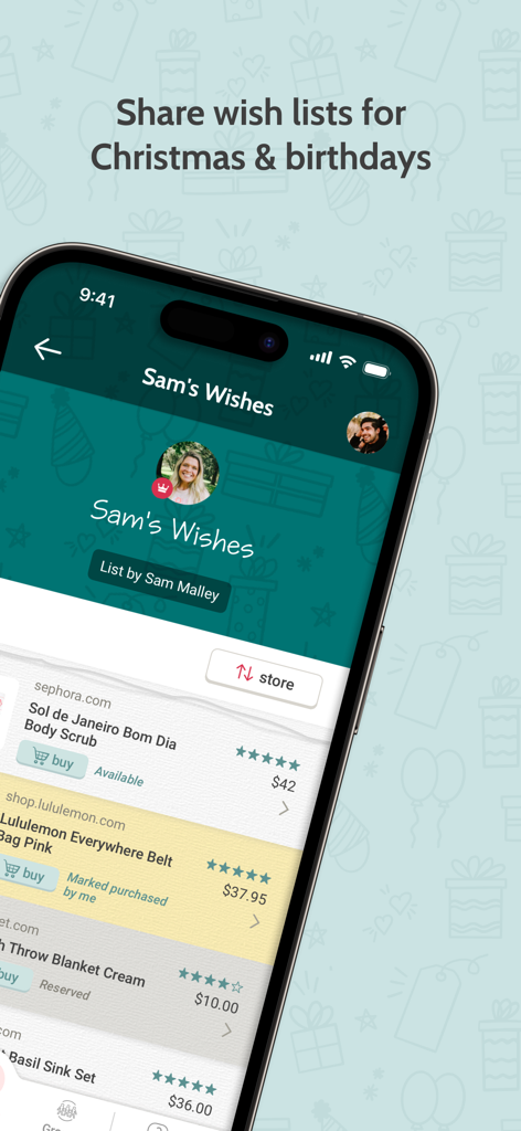 Giftster - Wish List Registry - A mobile phone screen showing a personalized family gift wish list on the Giftster app.