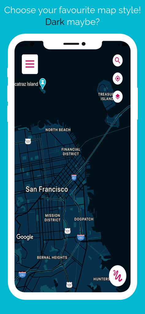 Just Draw It! Route planner - Just Draw It app interface showing a dark mode map of San Francisco for route planning