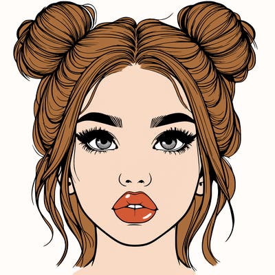 realistic girl with two buns on her hair and lips