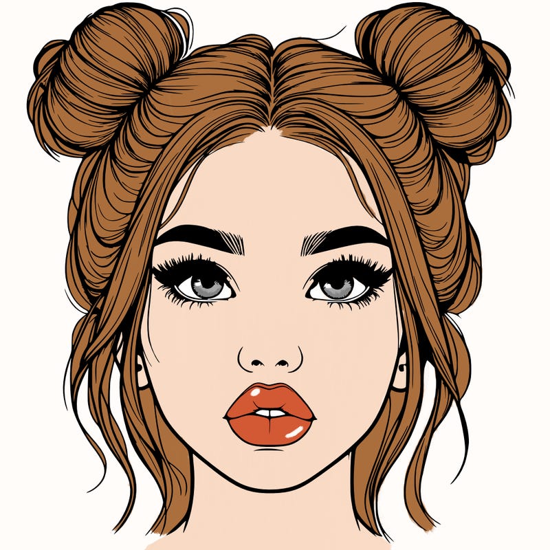 realistic girl with two buns on her hair and lips