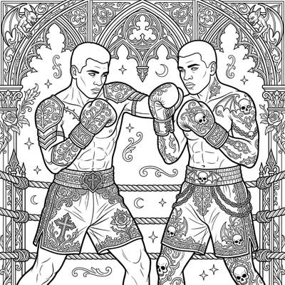 Immerse yourself in the thrilling world of legendary boxers reimagined through a dark and ornate gothic lens. This unique coloring page combines powerful fighters with intricate details and a mysterious aesthetic, perfect for adult colorists.