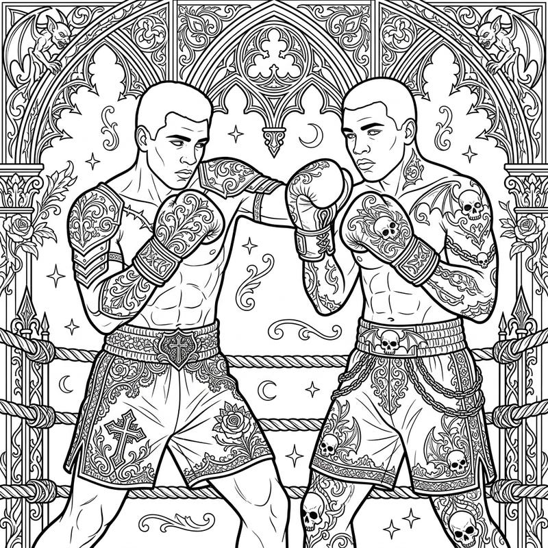 Immerse yourself in the thrilling world of legendary boxers reimagined through a dark and ornate gothic lens. This unique coloring page combines powerful fighters with intricate details and a mysterious aesthetic, perfect for adult colorists.