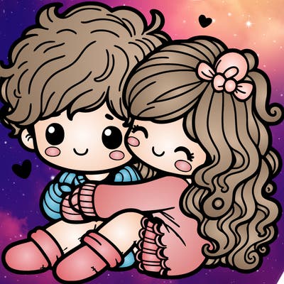 fluffy hair boy hugging a curly hair girl