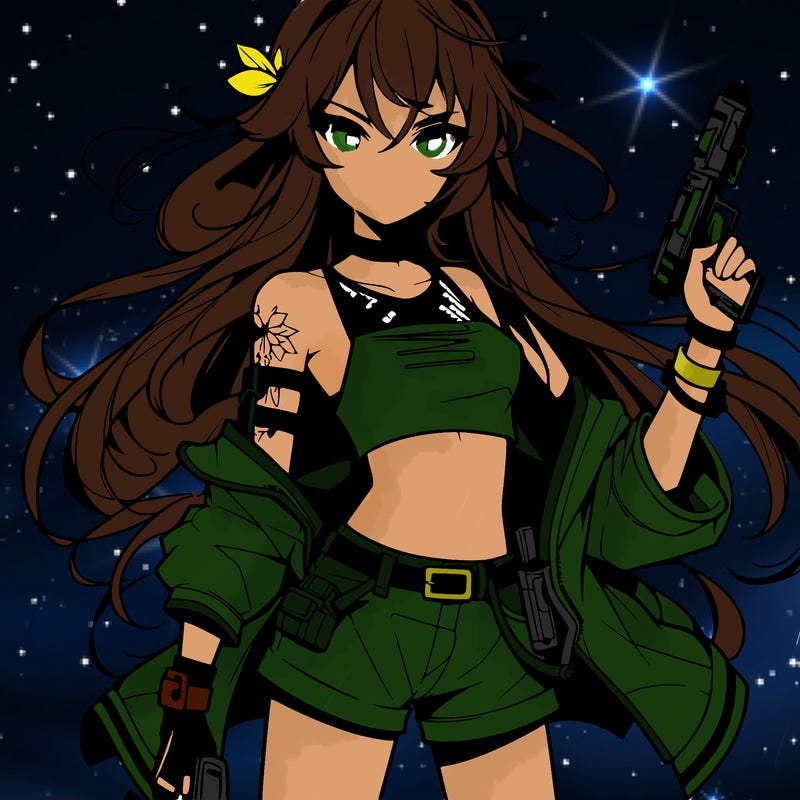 bad girl wearing crop top holding a gun long hair anime