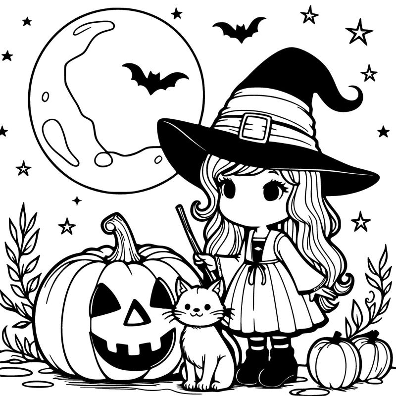 witch with a pumpkin and a cat