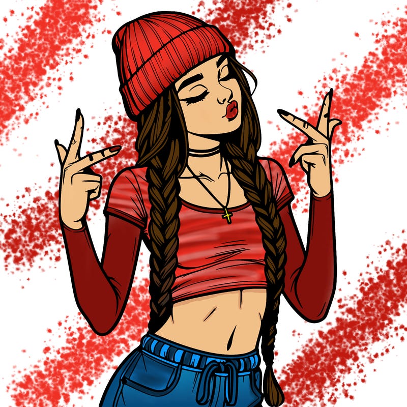 realistic teenage girl with braids and a beanie and crop top doing 🫶🏼