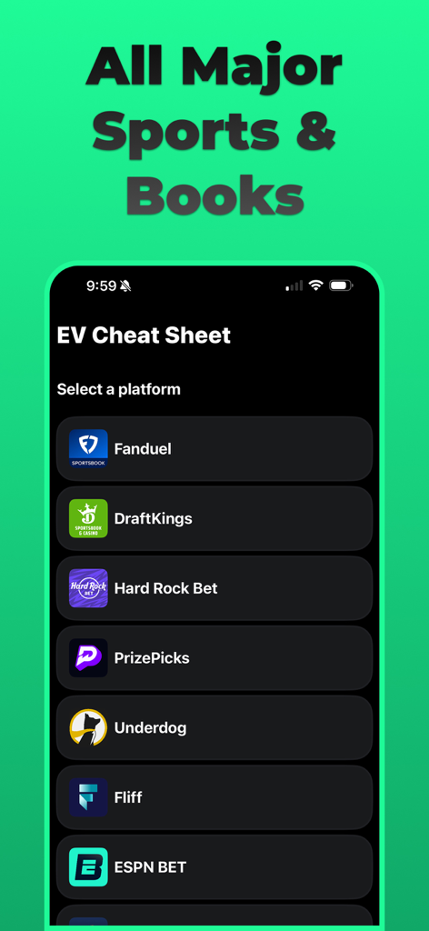 Optimal Bet app interface showing a list of supported sportsbooks including FanDuel and DraftKings for line shopping and EV betting.