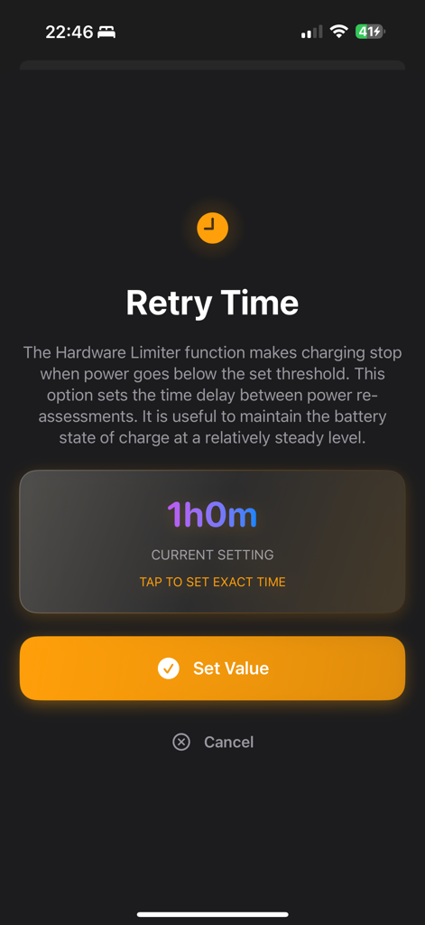 Écran de l'application Chargie pour configurer le temps de nouvelle tentative du limiteur matériel afin de maintenir la charge de la batterie.