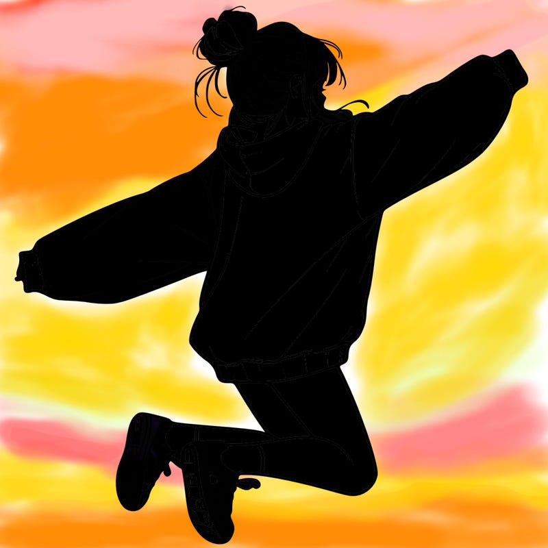 realistic girl jumping with a bun and oversized sweatshirt