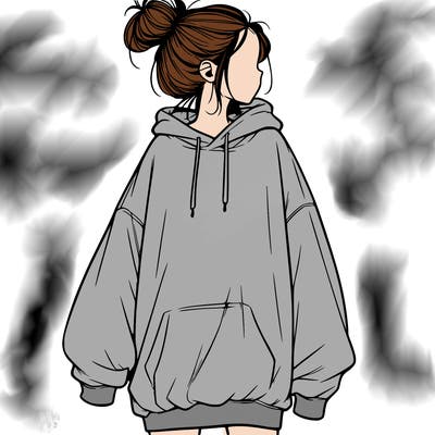 realistic girl with a oversized sweatshirt on and a bun