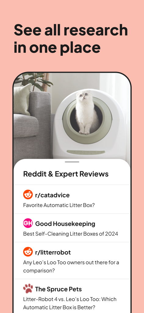 Vetted AI Smart Shopping Agent - Vetted AI app interface showing expert and Reddit reviews for an automatic litter box consolidated in one place.