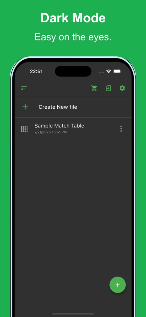 Simple MatchTable - Simple MatchTable mobile app interface showing the dark mode theme and file management screen