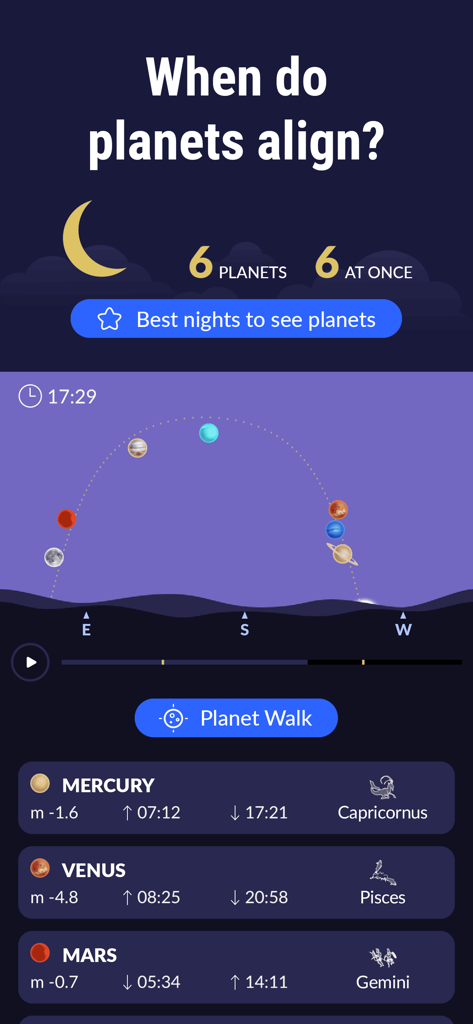 Star Walk 2 Pro app interface showing a planetary alignment timeline and visibility data for Mercury, Venus, and Mars.