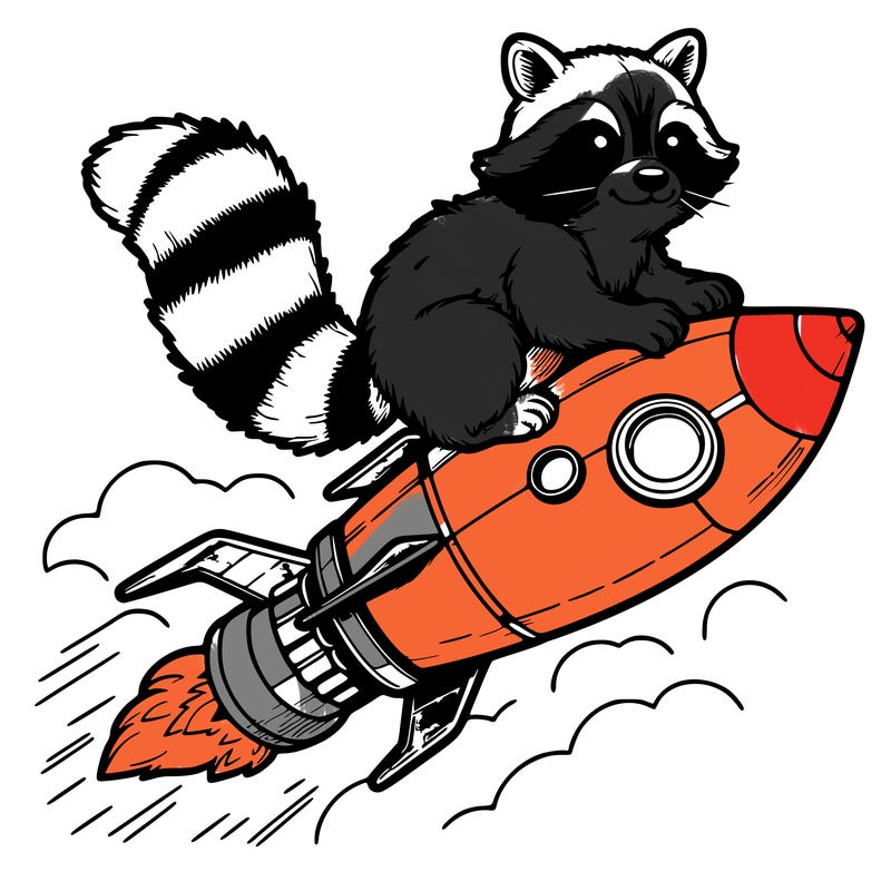 realistic raccoon flying on top rocket ship
