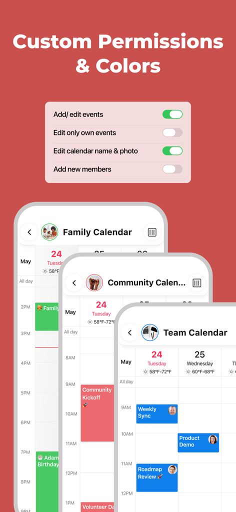GroupCal App-Oberfläche mit Einstellungen für benutzerdefinierte Kalenderberechtigungen und farbcodierten Kalendern für Familie, Community und Teams.