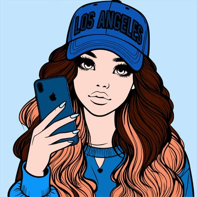 realistic beautiful girl wearing los ángeles cap holding an iphone
