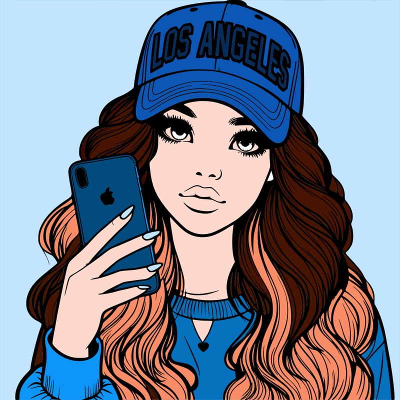 realistic beautiful girl wearing los ángeles cap holding an iphone