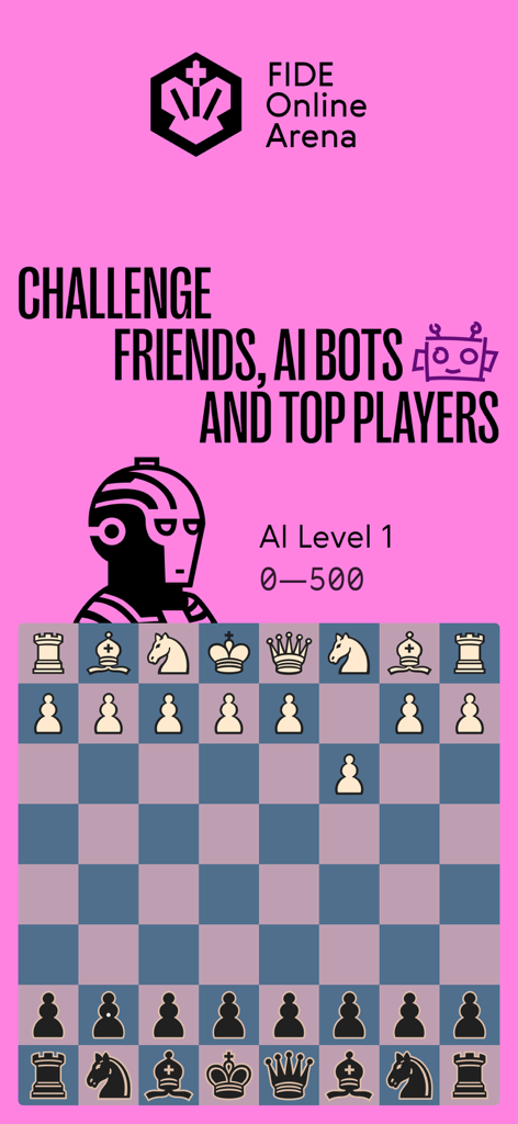 World Chess: Learn and Play - A pink screen from the World Chess app showing a chess board and a message to challenge friends and AI bots.