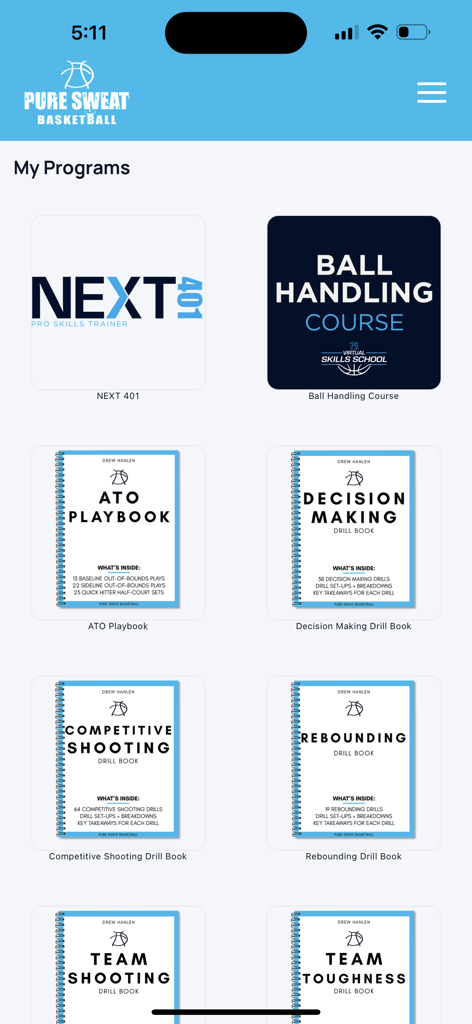 Pure Sweat Basketball - Écran de l'application Pure Sweat Basketball montrant une variété de programmes d'entraînement de niveau professionnel et de livres d'exercices.
