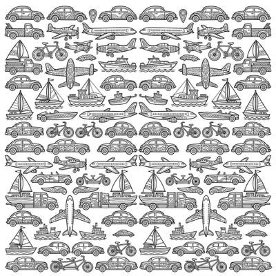 Dive into a mesmerizing world of transportation with this unique coloring page featuring intricate vehicle grid patterns. Discover cars, airplanes, boats, and bicycles adorned with detailed designs, ready for your creative touch.