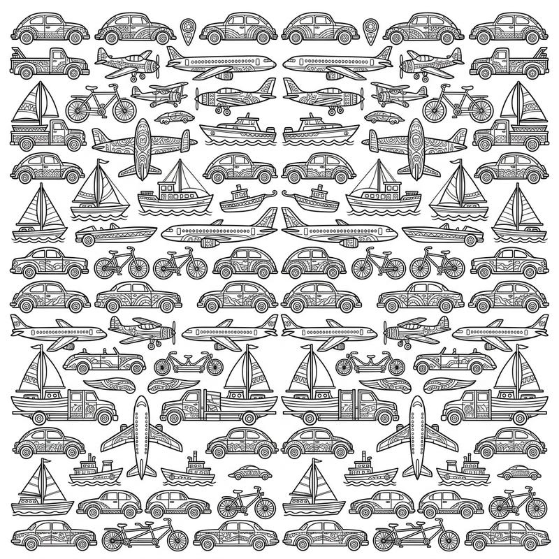 Dive into a mesmerizing world of transportation with this unique coloring page featuring intricate vehicle grid patterns. Discover cars, airplanes, boats, and bicycles adorned with detailed designs, ready for your creative touch.