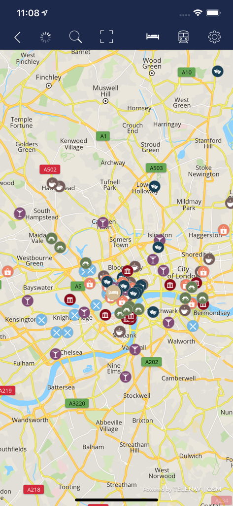 Guide de voyages SELECTOUR - Eine detaillierte Karte von London in der Selectour App mit mehreren Symbolen für interessante Orte wie Restaurants und Sehenswürdigkeiten