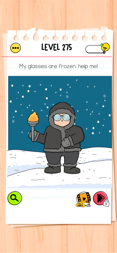 A brain teaser level from Brain Test All-Star where a character in winter clothes has frozen glasses in a snowy landscape.