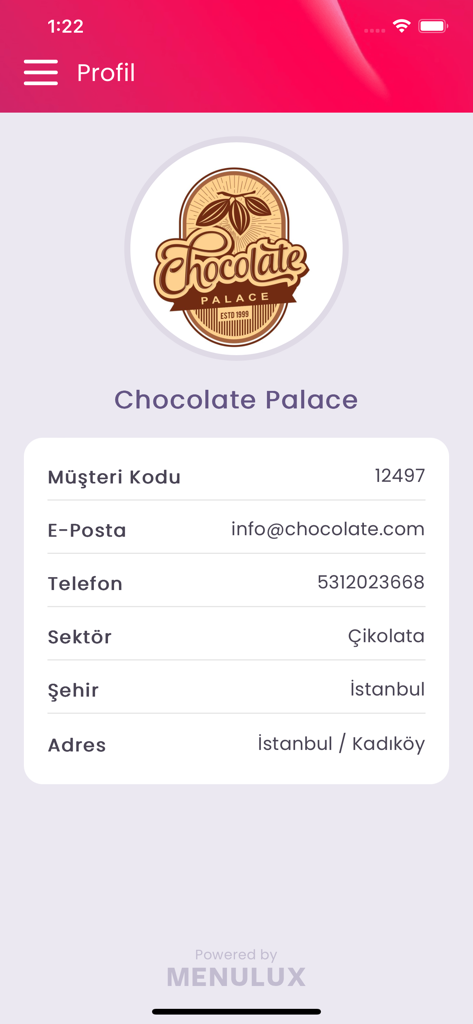 Menulux Boss - Menulux Boss business profile screen displaying restaurant contact information and location details