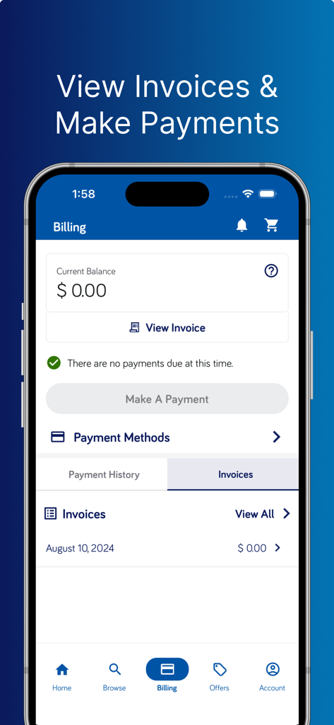 ReadyRefresh app billing screen showing account balance and invoice history