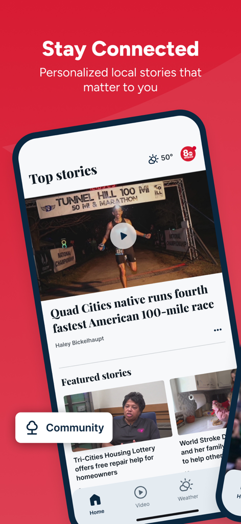 The home screen of the WQAD News 8 Quad Cities app displaying local news stories and weather updates.