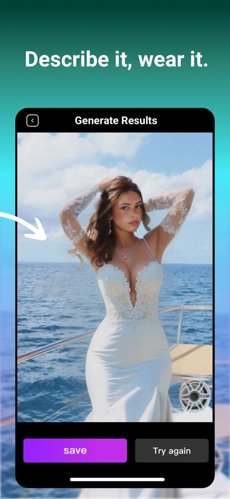 PhotoDeep: AI Photo&Video Edit - Una mujer posando con un vestido blanco de encaje generado por IA en un yate dentro de la interfaz de la aplicación PhotoDeep