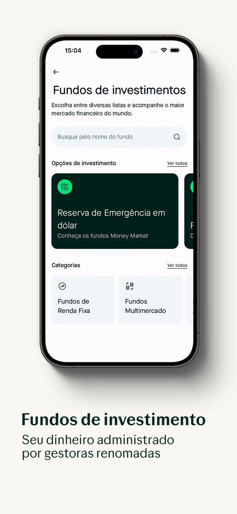Avenue: Conta e Investimentos - Avenue app interface showing global investment funds and dollar emergency reserves.