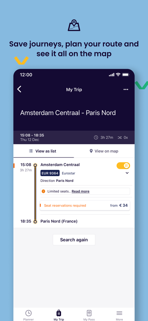 Eurail Rail Planner app displaying a train trip from Amsterdam to Paris with travel times and reservation info