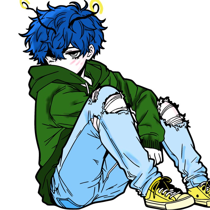 a male hoddie ripped jeans messy hair anime