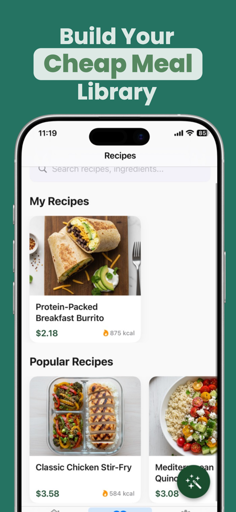 Mobile app screen showing a library of healthy recipes with cost per serving and calorie counts