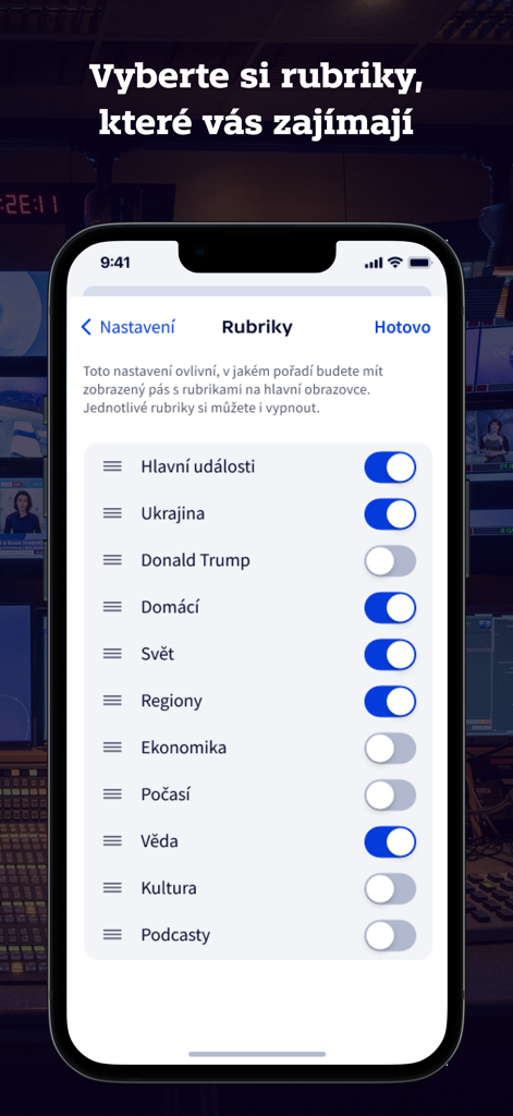 ČT24 - Interface of the CT24 mobile app showing options to customize and reorder news categories