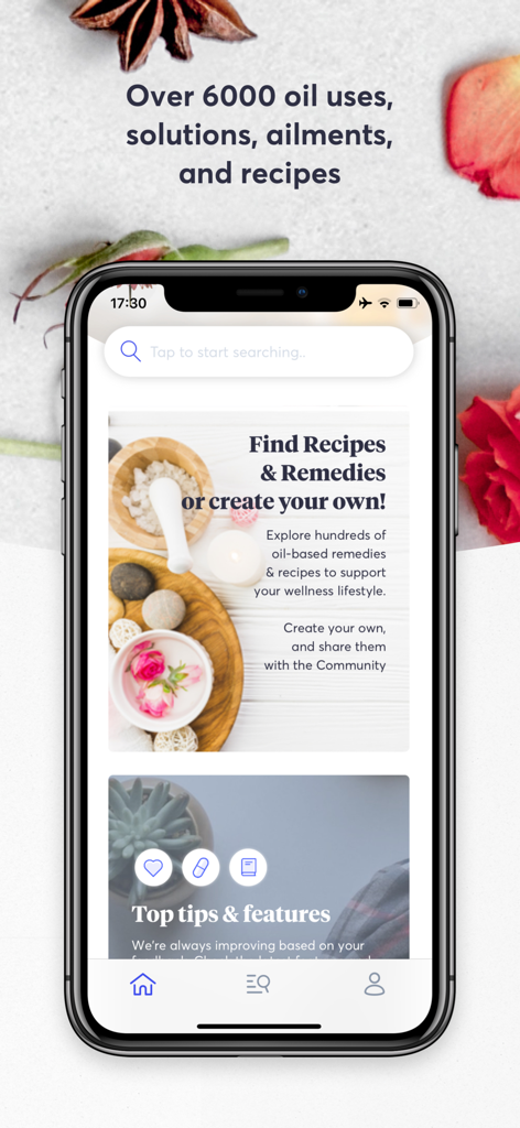 The Essential Life - Oil Guide - Screenshot of The Essential Life app interface showing sections for essential oil recipes and remedies