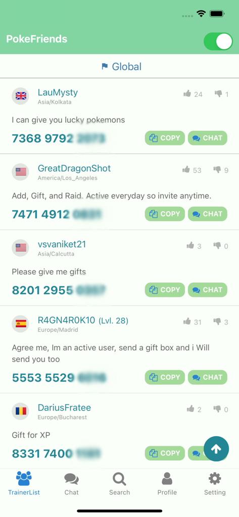 Globale Trainerliste in der Poke Friends App mit angezeigten Trainercodes und Chat-Optionen