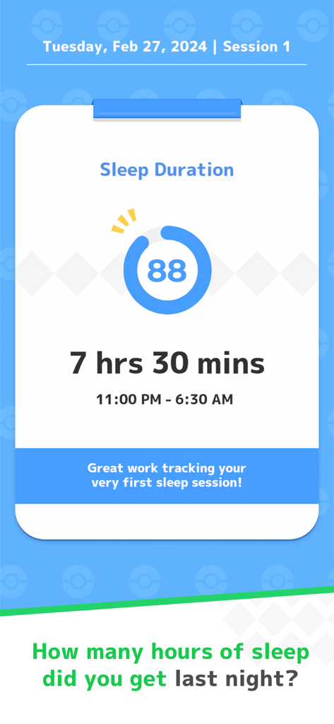 Pokémon Sleep - 7시간 30분의 수면 시간과 88점의 점수를 보여주는 포켓몬 슬립 앱 인터페이스
