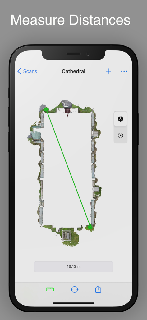Interfaz de la aplicación Modelar mostrando un escaneo LiDAR 3D de una catedral con una medición de distancia de 49,13 metros