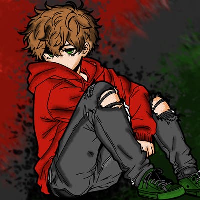 a male hoddie ripped jeans messy hair anime