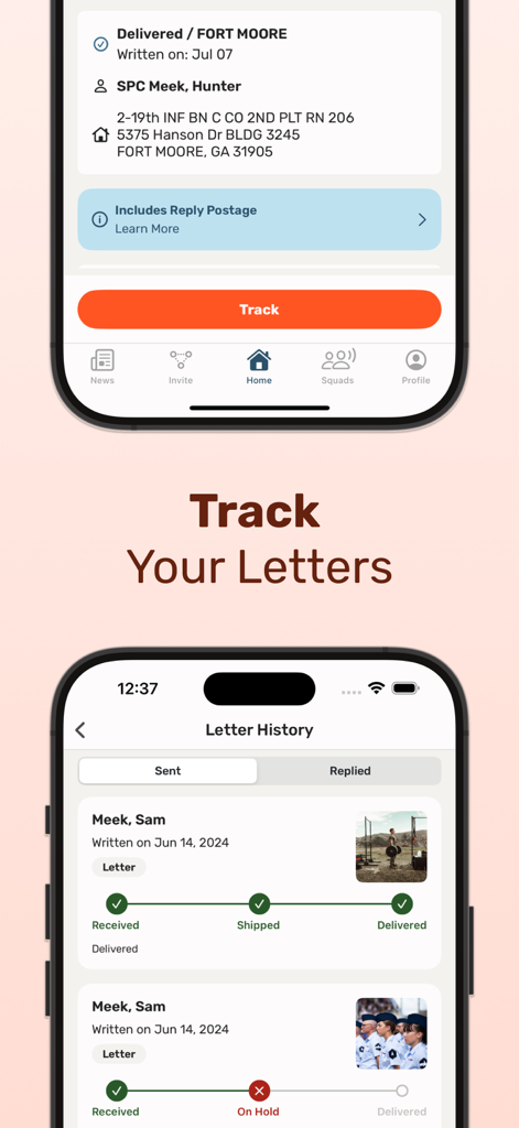 Mobile app screens showing the Sandboxx letter tracking history and delivery status for military recruits